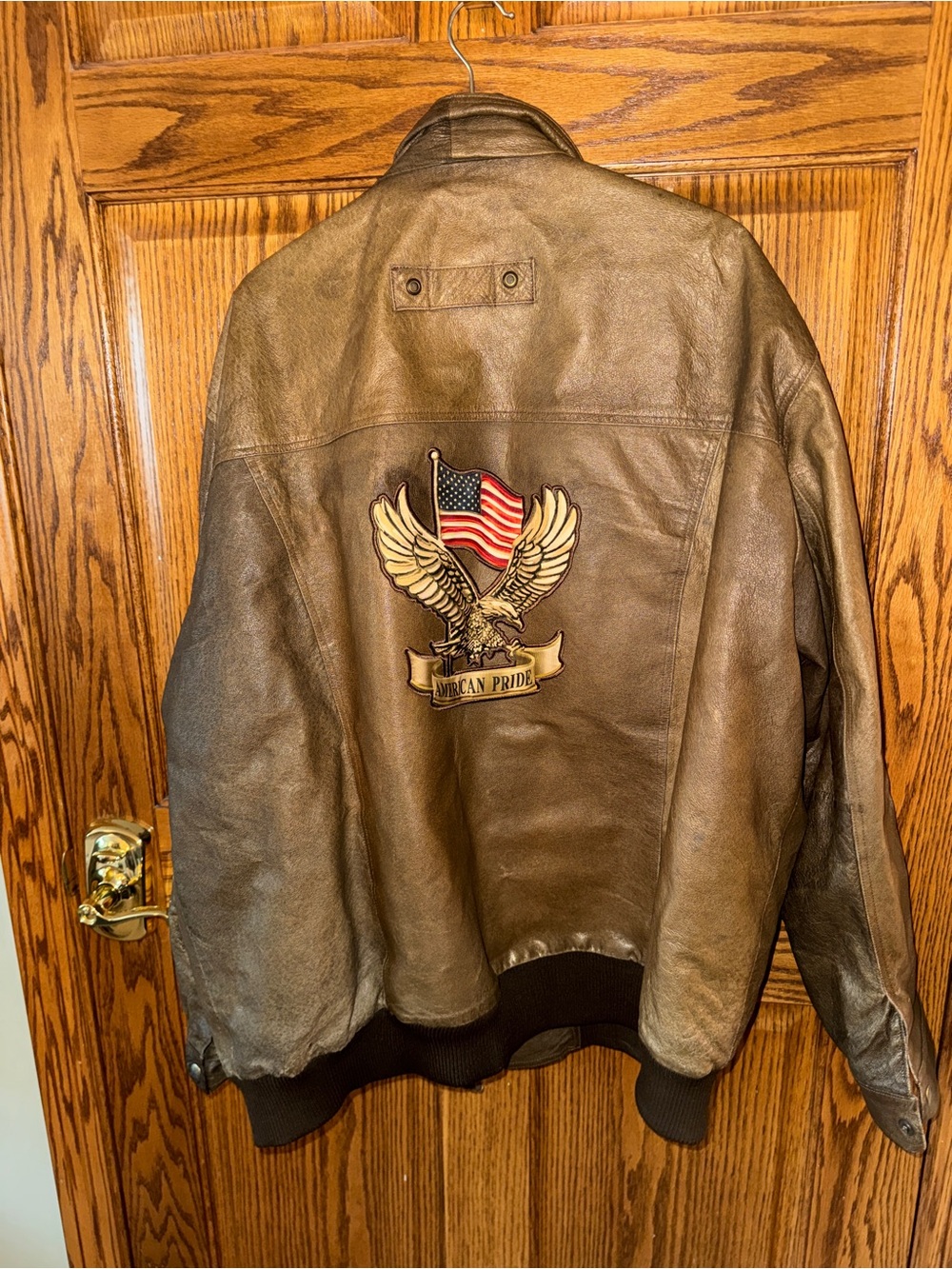 Men's Vintage Brown Leather Jacket with American Eagle Graphic